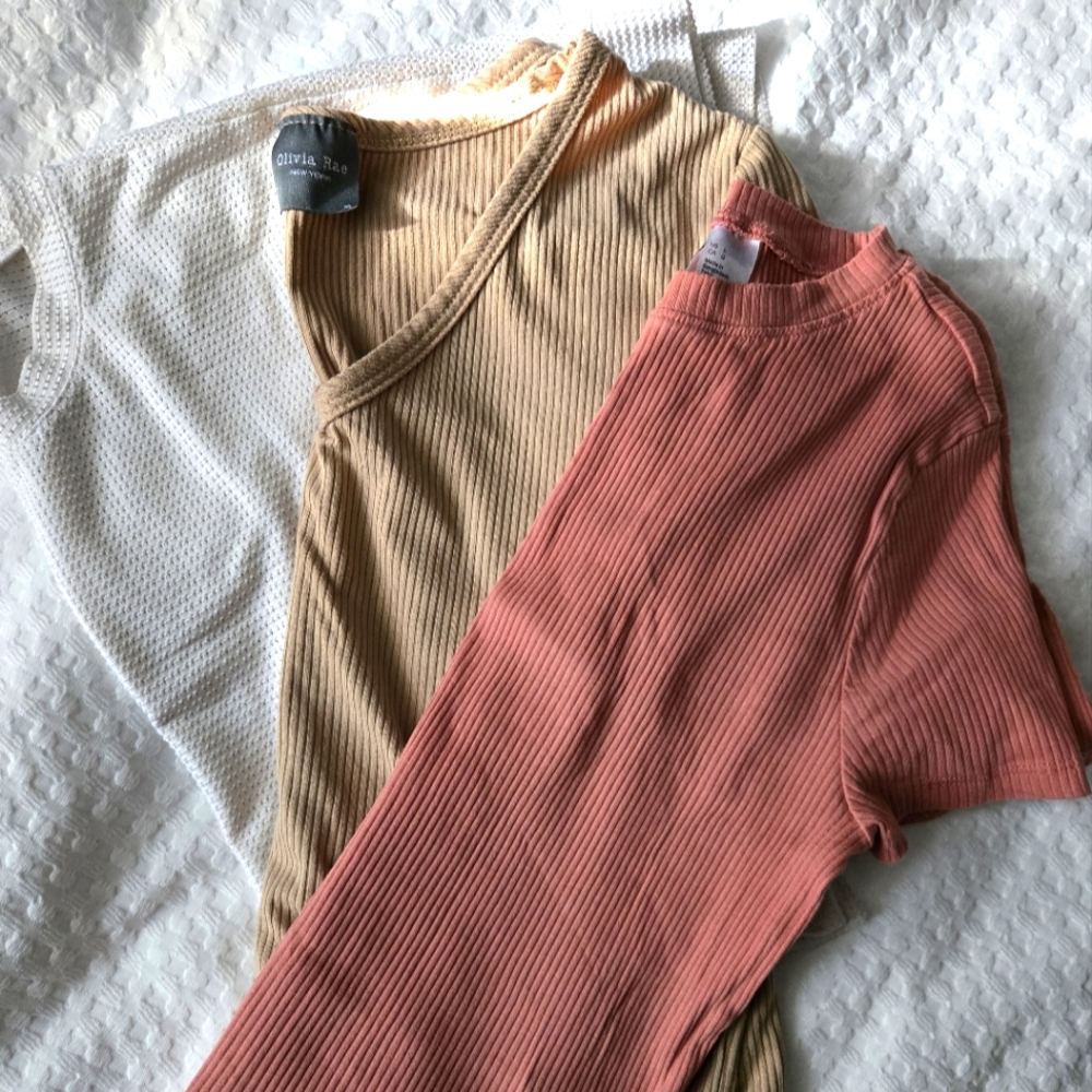 Womens Ribbed Knit Tops in White, Tan, and Pink Bundle